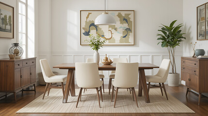 Enhance your dining room with these chic Bassett dining chairs evoking mid century modern charm Their sleek lines tapered legs and vintage inspired design add nostalgia complementing copy space image