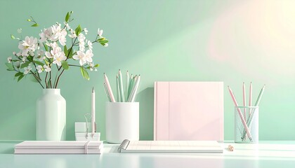 close-up of stationery with green background