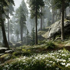 Misty mountain forest with wildflowers