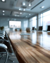 Fototapeta premium Polished conference table surface in sharp detail with blurred business meeting background.