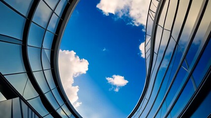 Modern skyscraper glass architecture with upward view of blue sky and white clouds through circular window frame