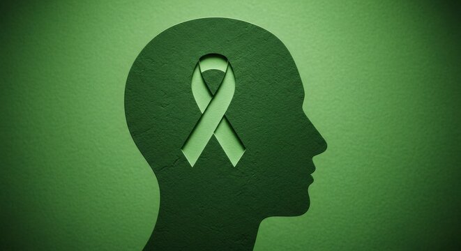 Silhouette of a human head with a green awareness ribbon inside representing mental health awareness