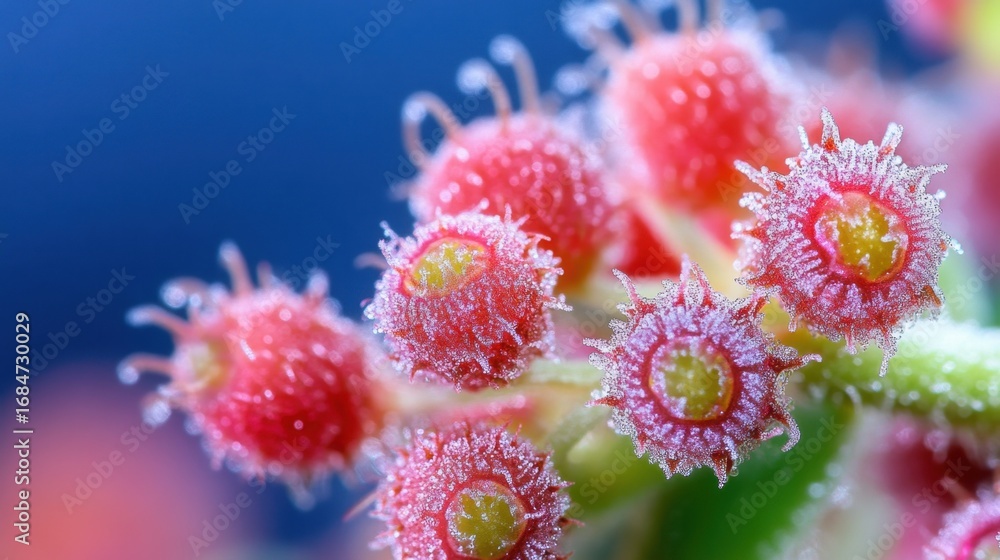 Poster vivid raspberry macro with glistening surface, showing iced details and soft hairs between juicy red