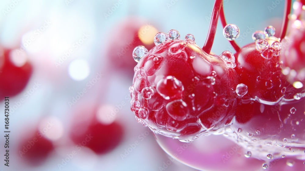 Poster vivid raspberry macro with glistening surface, showing iced details and soft hairs between juicy red