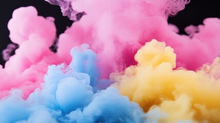 Fototapeta premium Vivid smoke trails in pink, blue, and yellow against black, space for text in colorful swirling haze