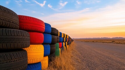 Wall made of stacked, painted tires in bright colors set against a golden desert sunset sky