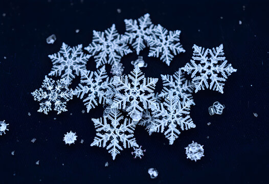 A stunning macro photograph of a cluster of intricate, real ice crystal snowflakes against a dark background.