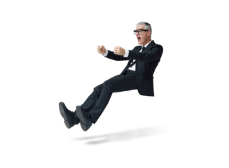 Shocked businessman driving an imaginary car and having an accident