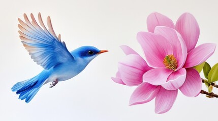 Watercolor artwork of blue bird flying near pink magnolia blossoms
