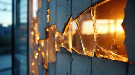 Warm-toned light touches shattered urban ruins, walls cracked and glass fractured