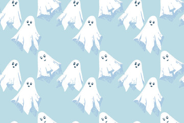 Seamless cute Halloween vector pattern with playful white ghosts on pastel blue background. Kids holiday prints, party decor, wrapping paper, and spooky designs