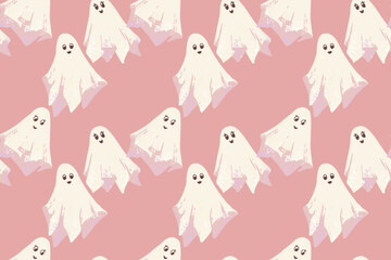 Seamless cute Halloween vector pattern featuring friendly white ghosts on soft pastel pink background. Kids holiday prints, party decor, textiles, and spooky designs