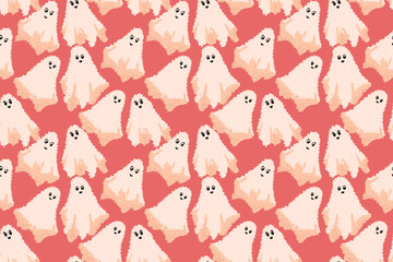 Fototapeta premium Seamless vector pattern with hand drawn cute fluffy ghosts on coral red background. Fun cartoon Halloween design for kids, fabric, wrapping paper, and decor