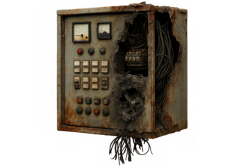 Rusty electrical control panel showing exposed wires and components on transparent background