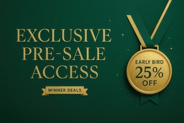 Exclusive PRE-SALE ACCESS with EARLY BIRD 25% OFF winner deals, luxurious gold style, enticing retail promotion banner.