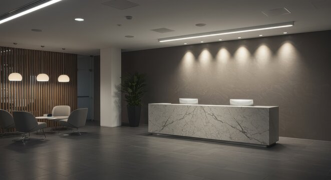 Modern lobby reception area with comfortable seating and ambient lighting.