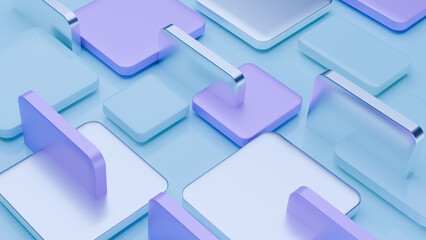 Blue and violet metallic random rectangles background, abstract 3d render. Modern technology background