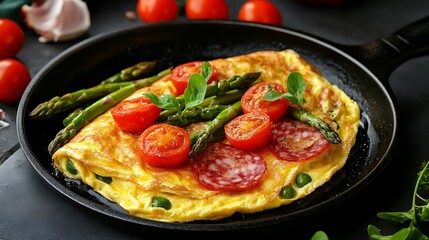 Frying omelet with asparagus tomatoes and salami