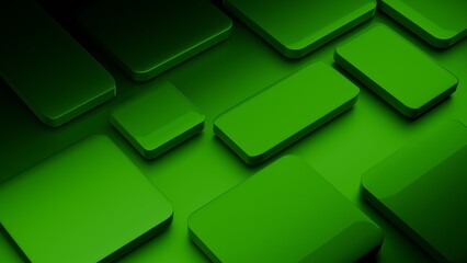 Green gloss paint random rectangles background, abstract 3d render. Modern technology background