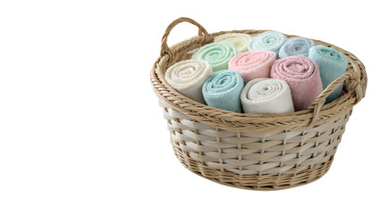 A woven basket filled with rolled pastel-colored bath towels isolated on transparent background.