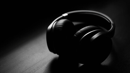 A timeless and elegant black and white image of modern headphones, rendered with strong contrasting chiaroscuro lighting, deep shadows, and sharp details