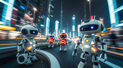 An adorable and charming futuristic robotic world captured using long exposure photography, showcasing motion blur and light trails