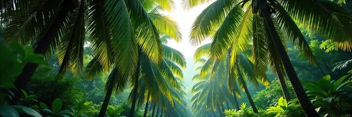Fototapeta premium Lush green palm trees form a dense forest, sunlight dappling through the leaves, creating a serene and tropical atmosphere Perfect for travel, nature, or vacation themes , pattern, natural, flora