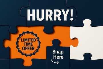 Attention-grabbing HURRY! limited time offer discount banner, puzzle piece style, urgent retail sale promotion.