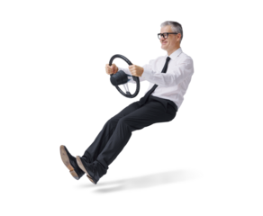 Happy corporate businessman driving an invisible car