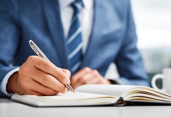 Male writing in notebook with pen