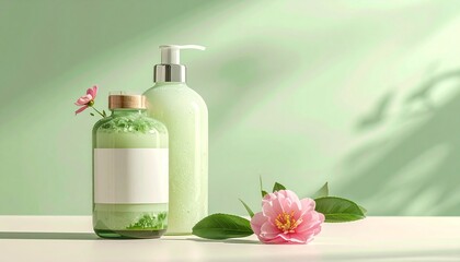 close-up of liquid soap bottle with green background