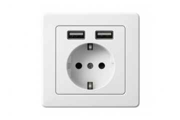 White european electrical socket with two usb ports on transparent background