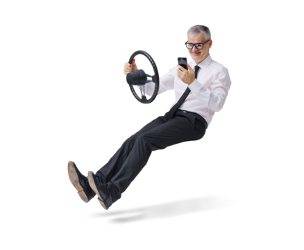 Irresponsible businessman using a smartphone while driving an invisible car