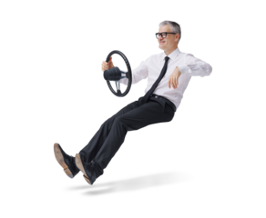 Relaxed man driving an invisible car