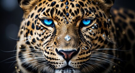Obraz premium Leopard's Gaze: Jeweled Face with Intense Blue Eyes and Diamond Accents