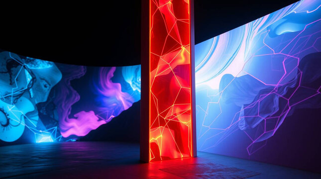A creative light art piece showcasing a distinct split surreal, beautiful view; divided sections feature bold areas, artistic lighting, and abstract patterns