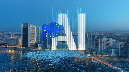 Futuristic cityscape displays glowing AI letters with European flag integration.