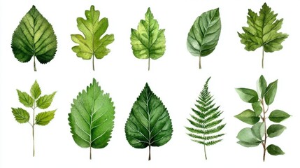 Watercolor leaf set featuring various green leaves on white background