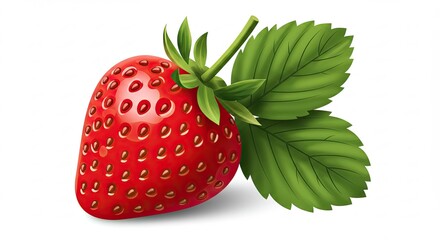 Bright Red Strawberry with Green Leaves on White Background