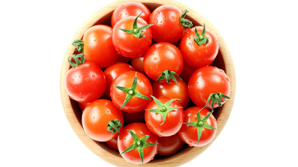 Fresh, ripe cherry tomatoes glistening with water droplets in a rustic wooden bowl, perfect for healthy eating.