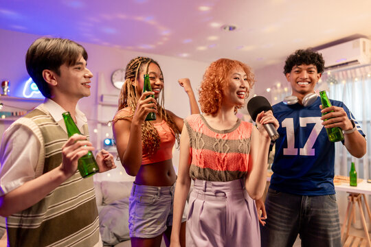 Group of diverse Generation Z friends enjoying a party in a cozy house.  - Powered by Adobe