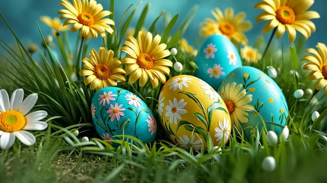 Colorful Easter eggs decorated with floral patterns placed on grass with blooming daisies in springtime