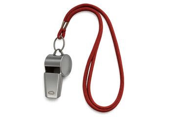 Silver whistle with red lanyard on transparent background