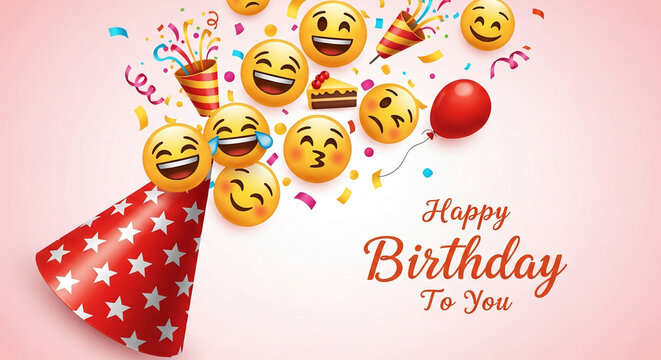 Happy birthday card design featuring emojis, party hat, balloon, cake and confetti, symbolizing celebration, joy, and festive mood, perfect for birthday greetings or party invitations - Powered by Adobe