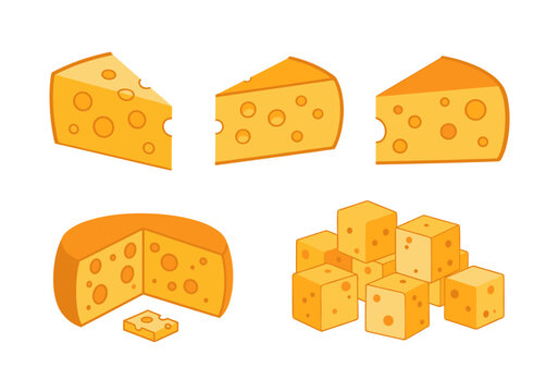 A collection of various cheese cuts and shapes including slices cubes and wedges representing delicious dairy food