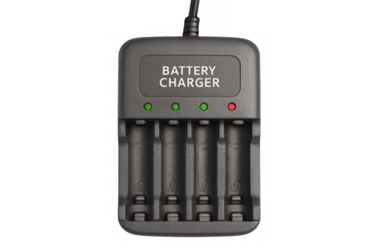 Battery charger charging batteries with led indicators on transparent background