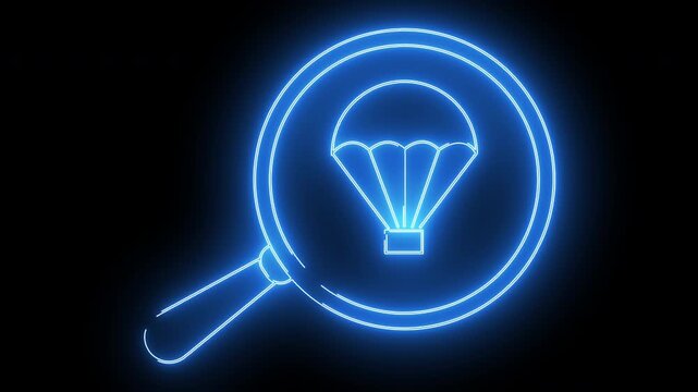 magnifying glass icon and supply parachute icon with neon effect