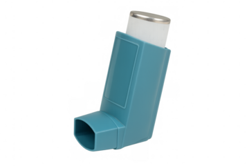 Blue asthma inhaler on transparent background for easy isolation