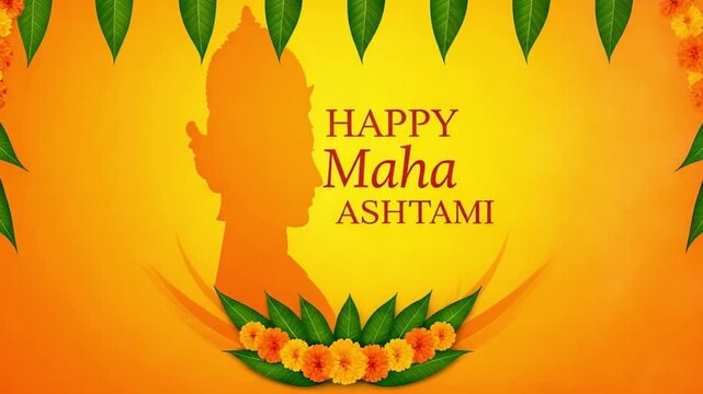Vibrant orange graphic illustration celebrating Maha Ashtami with floral motifs and silhouette