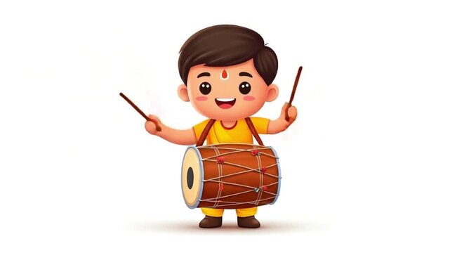Cheerful cartoon boy playing a drum with drumsticks in a vibrant yellow outfit on a white background.